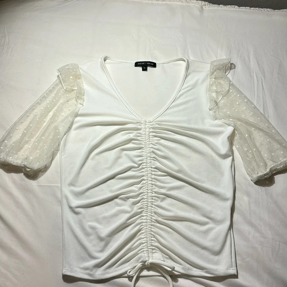 Moa Moa V Neck Gather Detail Top with Lace Sleeves size M